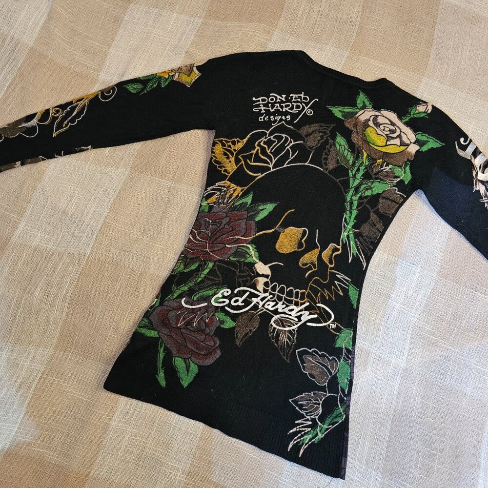 y2k Mobwife McBling Blokecore Ed Hardy Tiger Logo Babydoll Long Sleeve Tee - Picture 5 of 6
